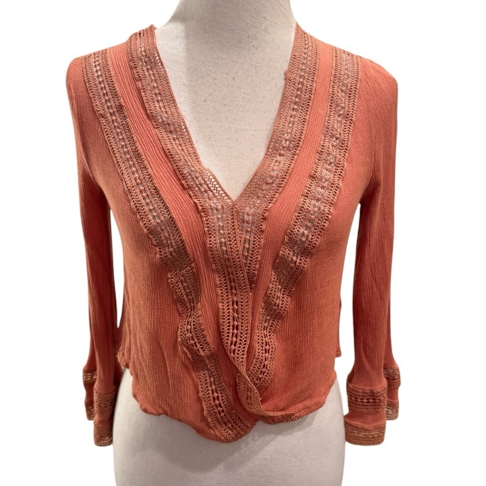 Bleuh Ciel Women’s Pullover Long Sleeve V Neck Wrap Crop Top Dark Coral Size S